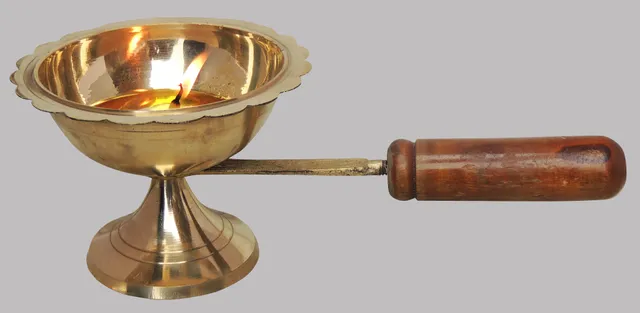 Brass Table Decor Oil Lamp Deepak With Wooden Handle  (MOQ-  3 Pcs.) - 9*4.4*3.3 inch (F627 F)