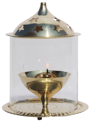 Brass Table Decor Oil Lamp Deepak With Chimney - 4.5*4.5*5.7 inch (Z014 X)