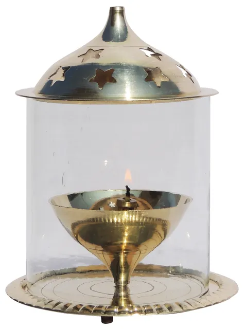 Brass Table Decor Oil Lamp Deepak With Chimney - 4.5*4.5*5.7 inch (Z014 X)