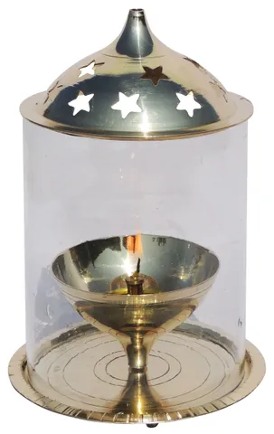 Brass Table Decor Oil Lamp Deepak With Chimney - 5*5*7.2 inch (Z014/8)