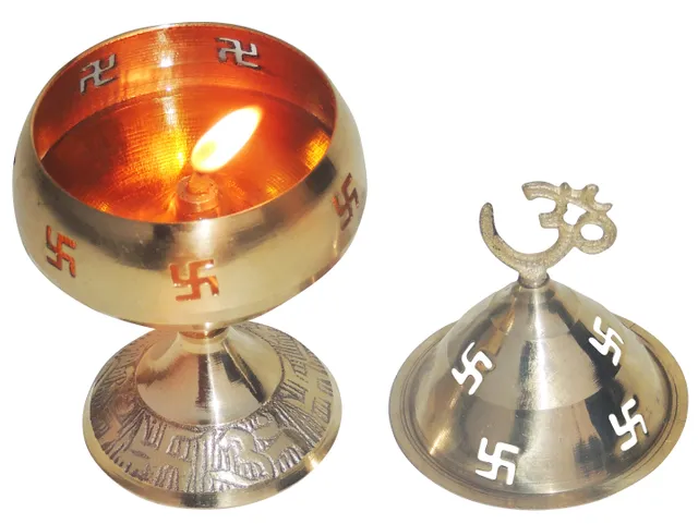 Brass Table Decor Oil Lamp Om Pakija Deepak  (MOQ-  4 Pcs.) - 2.3*2.3*4.1 inch (Z164 E)