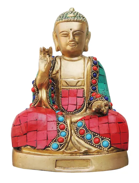 Brass Showpiece Budha Stone Statue With Turquoise Coral Stone Finish - 4.5*4*7.2 Inch (BS948 B)