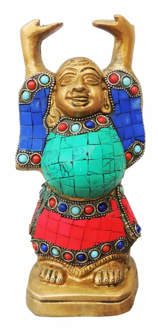 Brass Showpiece Laughing Buddha Statue With Turquoise Coral Stone Finish - 3.7*2.7*8 Inch (BS325 F)