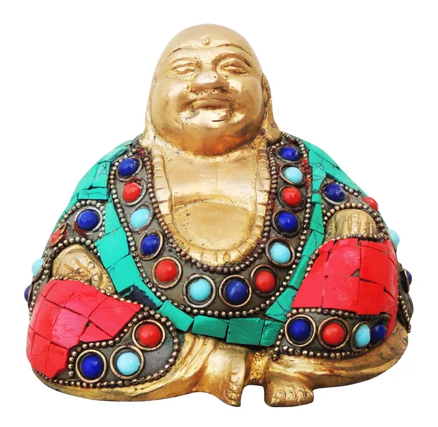 Brass Showpiece Laughing Buddha Statue With Turquoise Coral Stone Finish - 4.4*2.6*4 Inch (BS325 A)