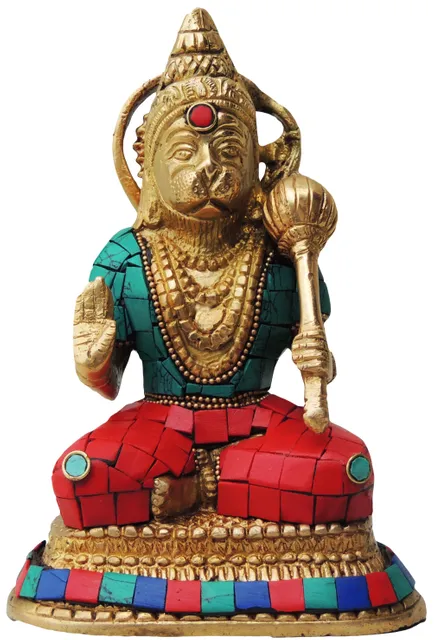 Brass Showpiece Hanuman Ji With Turquoise Coral Stone Finish Statue - 3*5*6.5 Inch (BS433)