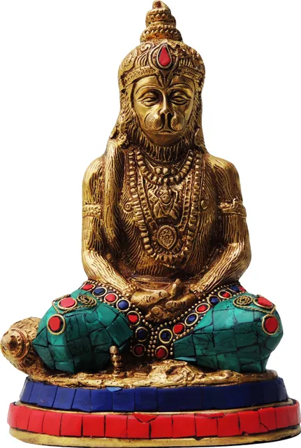 Brass Showpiece Hanuman Ji With Turquoise Coral Stone Finish Statue - 3.5*5*7.5 Inch (BS434)