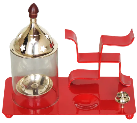 Iron & Brass Swastic Chimney Deepak In Red Color No. 2 - 7*3.5*6.5 Inches (Z512 R)