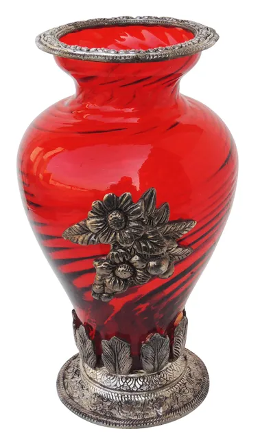 Aluminium Showpiece Flower Pot Glass Red Statue - 6*6*10.5 Inch (AS147 D)