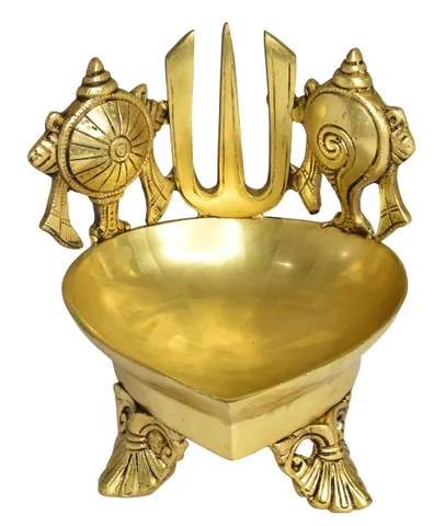 Brass Table Decor Shankh Chakra Deepak, Oil Lamp - 6*6*7 Inch (BS1503 G)