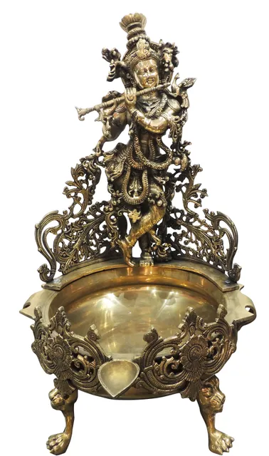Brass Krishna Urli Antique For Home/Event Decor Idol statue - 19*19*33.5 Inch (BS1490 A)