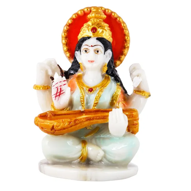 Divine Gifts Marble Dust Goddess Saraswati Idol- 4 Inch, 1 Piece (White Gold)