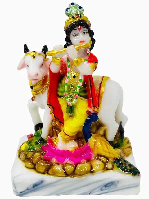 Marble Dust Cow Krishna Murlidhar Idol  - 4*3*5.5 inch (MB0101)