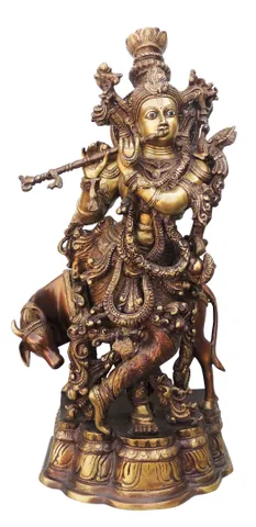 Brass Showpiece Cow With Krishna God Idol Statue - 13*8.5*26 Inch (BS583)