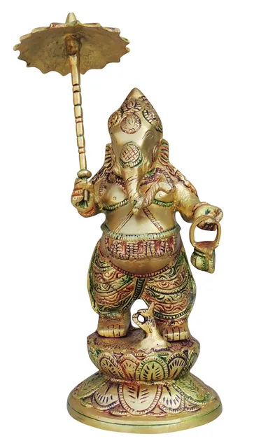 Brass Showpiece Ganesh With Umbrella God Idol Statue - 4.6*4.6*11.5 Inch (BS1462 C)