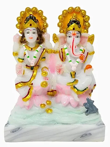 Showpiece Marble Dust laxmi Ganesh White Gold God Idol Statue - 2*3.75*5 Inch (MB0182)