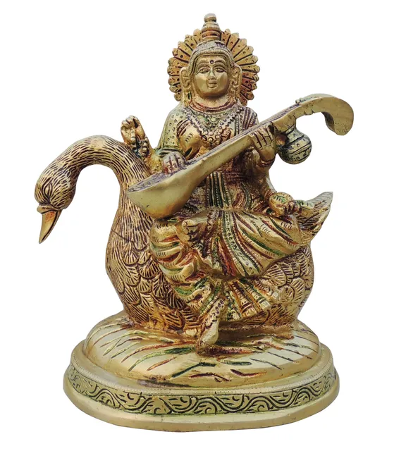 Brass Showpiece Saraswati Ji on Swan God Idol Statue  - 6*4*7.2 inch (BS931 C)