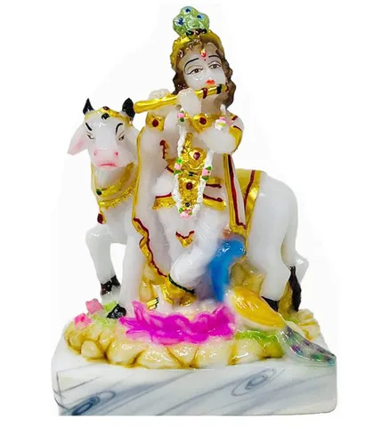 Marble Dust Krishna with Cow Idol Statue - 3*4*5.5 Inch (MB0235)