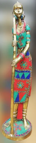 Brass Showpiece Lady With Stick Statue - 9*9*37.5 Inch (BS1563 A)