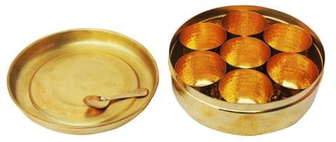 Handcrafted Brass Spice Box Masala Box Set With Spoon [7.6 inch, 7 Containers, 150 ML] (Z467 Q)