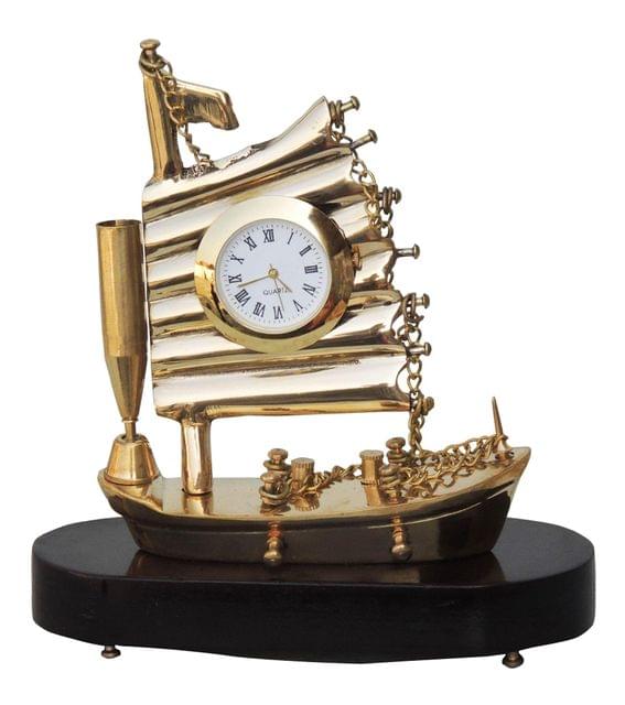 Brass And Wood Ship clock small Showpiece - 5.2*2.2*5.5 Inch (Z111 A)