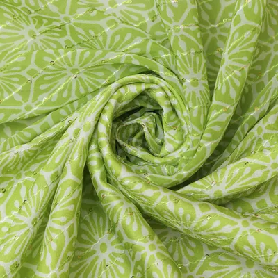 Lime Green and White Print Chinon Embroidery Fabric
