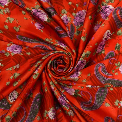 Wine Red Floral Print Satin Fabric