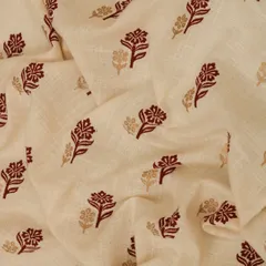 White and Maroon Floral Print Organic Cotton Fabric