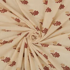 White and Maroon Floral Print Organic Cotton Fabric