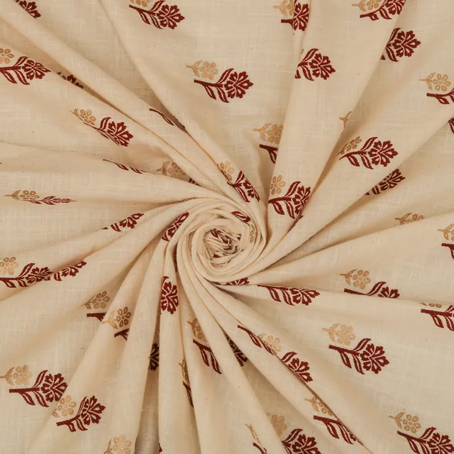 White and Maroon Floral Print Organic Cotton Fabric