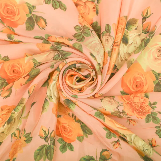 Peach Floral Print Crepe Fabric