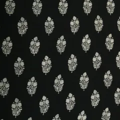 Jet Black and White Floral Print Mulmul Fabric