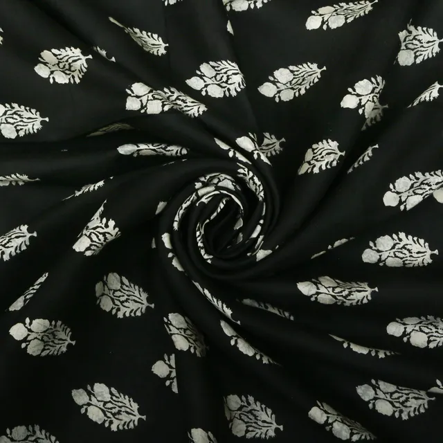 Jet Black and White Floral Print Mulmul Fabric