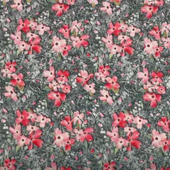 Steel Grey and Pink Floral-Print Crepe Fabric