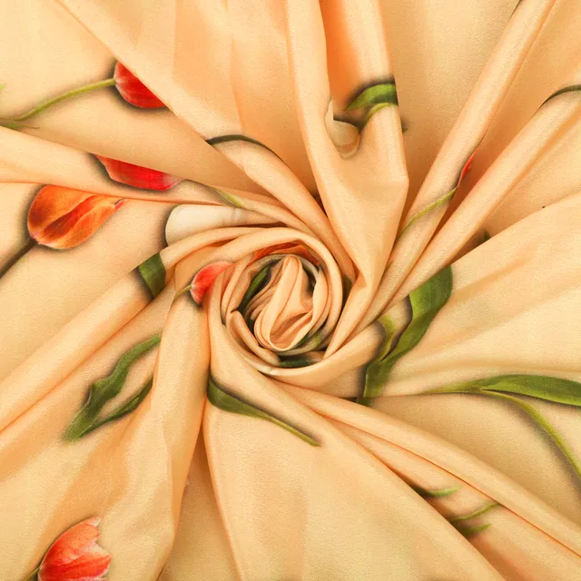 Champagne Cream and Orange Floral-Print Crepe Fabric