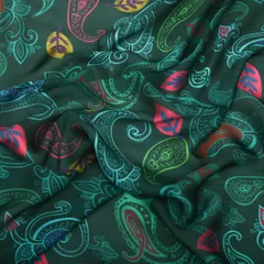 Turquoise Blue and Pastel Print Satin Sequence Fabric