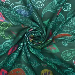 Turquoise Blue and Pastel Print Satin Sequence Fabric