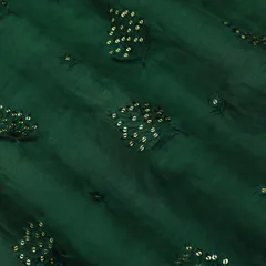 Dark Green Katan Chanderi Silver Sequins Floral Threadwork Embroidery Fabric