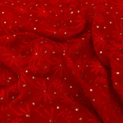 Red Chanderi Threadwork Golden Zari Embroidery Fabric