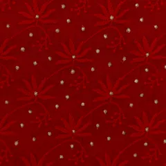 Red Chanderi Threadwork Golden Zari Embroidery Fabric