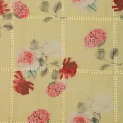 Wheat Yellow Chanderi Threadwork Embroidery Floral Print Fabric