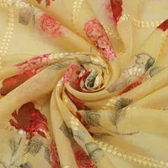 Wheat Yellow Chanderi Threadwork Embroidery Floral Print Fabric