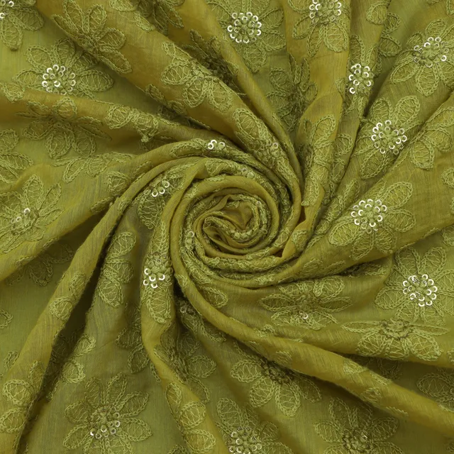 Pickle Green Chanderi Threadwork Sequins Embroidery Fabric