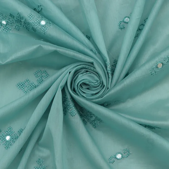 Powder Blue Chanderi Mirror Embroidery Fabric