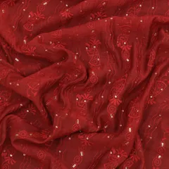 Tart Red Chanderi sequins Floral Pattern Embroidery Fabric
