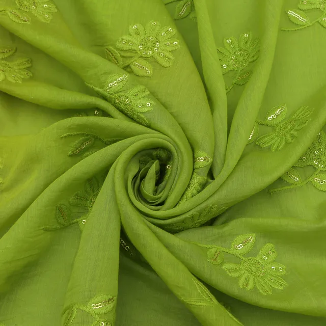 Green Georgette Threadwork Embroidery Fabric