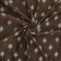Coffee Brown Chanderi Print Motif Sequins Embroidery Fabric
