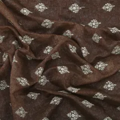 Coffee Brown Chanderi Print Motif Sequins Embroidery Fabric