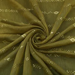 Emerald Green Chanderi Floral Sequins Embroidery Fabric