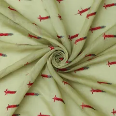 Light Green Chanderi Threadwork Leaf Pattern Embroidery Fabric