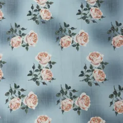 Blue Linen Floral Digital Print Border Fabric